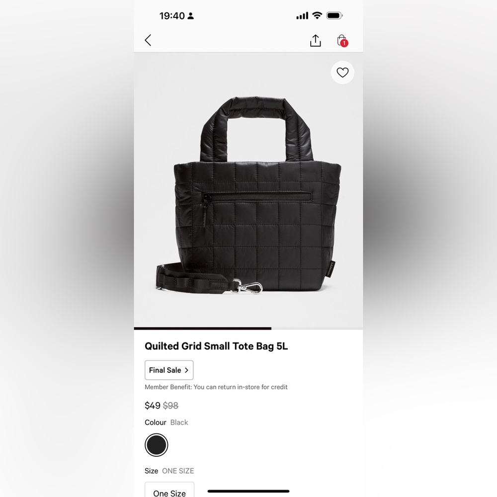 LULULEMON Black Quilted Tote Bag 5L - Picture 2 of 6